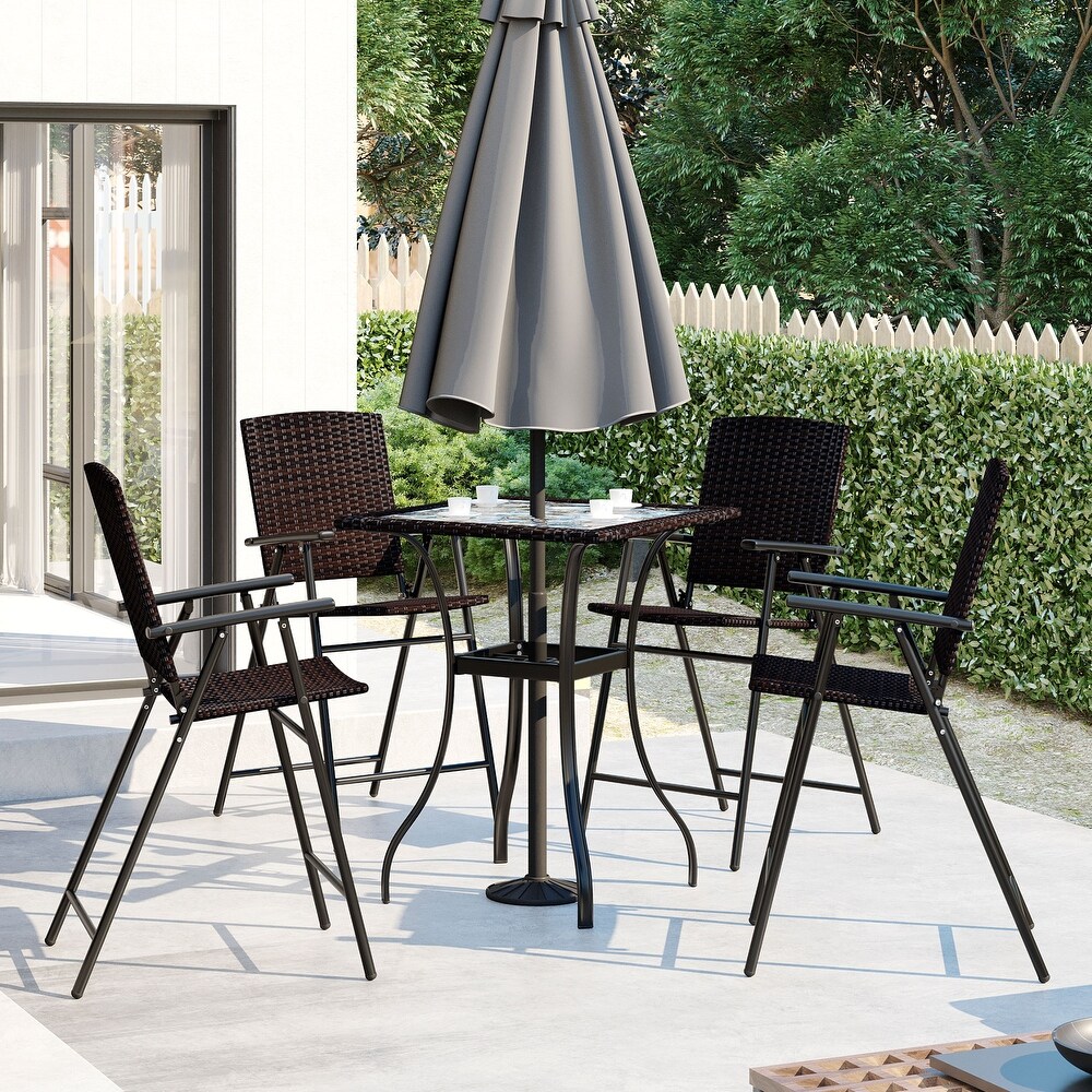 5 Piece Outdoor Wicker Counter Height Dining Table Set with Umbrella Hole and 4 Foldable Chairs