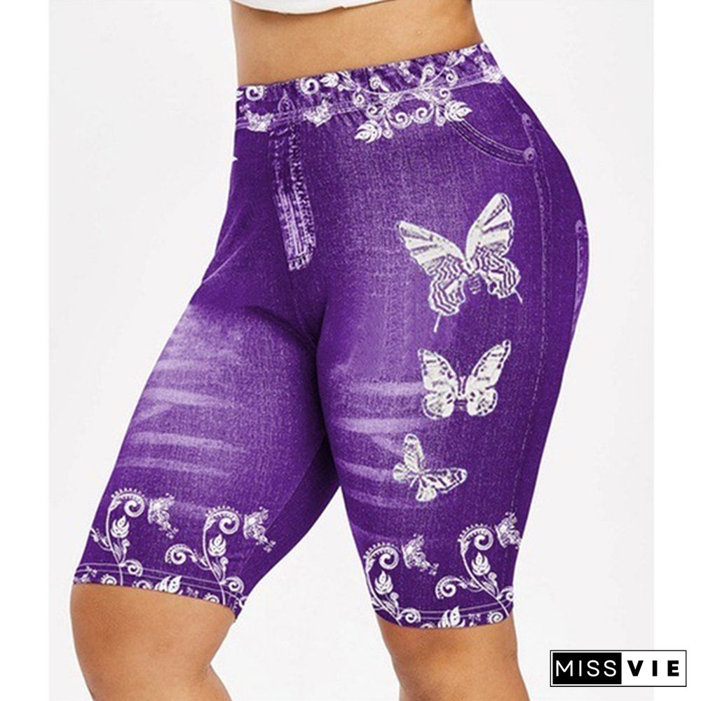 New Women's Fashion 3D butterfly Floral Print Denim Shorts Leggings Plus Size Yoga Shorts Leggings