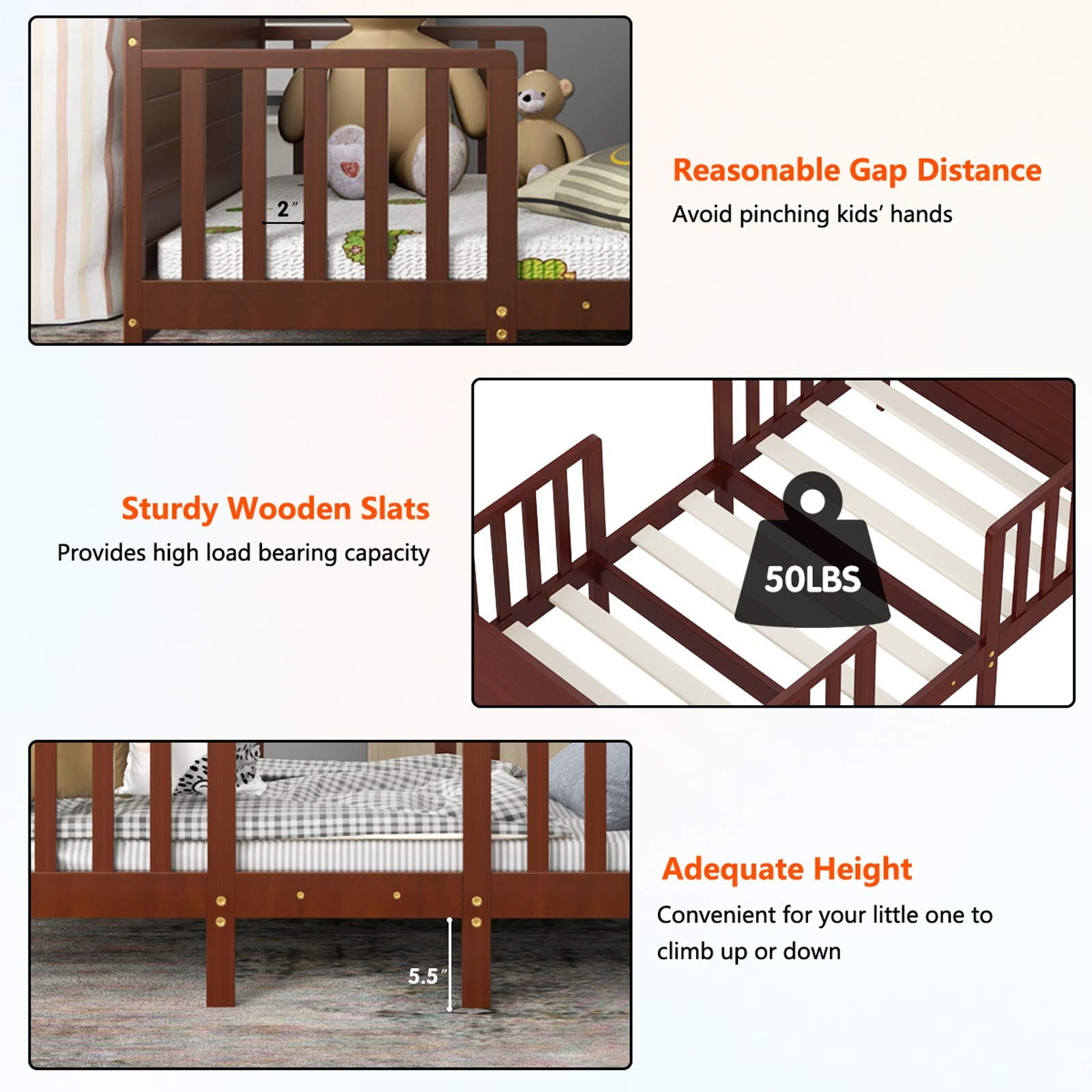 2 in 1 Convertible Wood Toddler Bed w/ 2 Side Guardrails