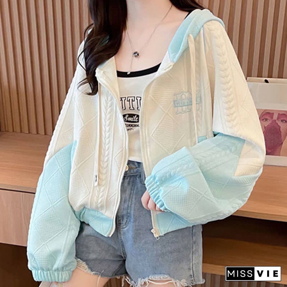 Letter Embroidery Colorblock Short Zipper Hooded Sweatshirt