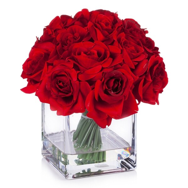 Enova Home Artificial 18 Pieces Fake Roses Silk Flowers Arrangement in Cube Glass Vase for Home Wedding Party Decoration