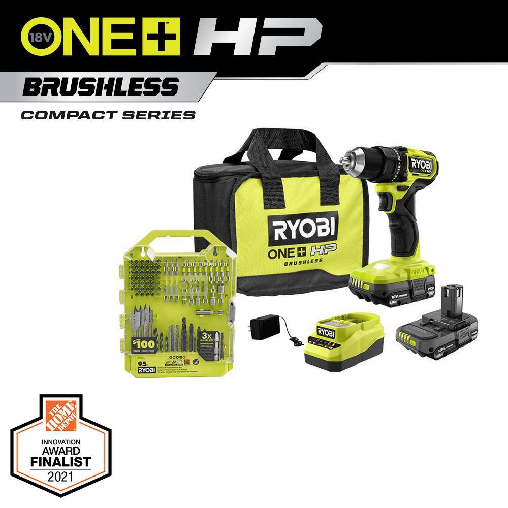 RYOBI ONE+ HP 18V Brushless Cordless Compact 12 in. DrillDriver Kit with (2) 1.5 Ah Batteries Charger Bag  95PC Bit Set PSBDD01K-A989504