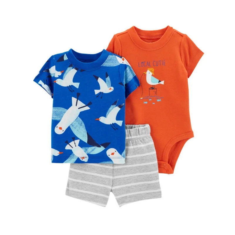 Summer Newborn Baby Boy Set 6-24M Cute Cartoon Dinosaur Cotton Clothing Short Sleeve+Shorts+jumpsuit Infant Clothes 3Pcs Outfits