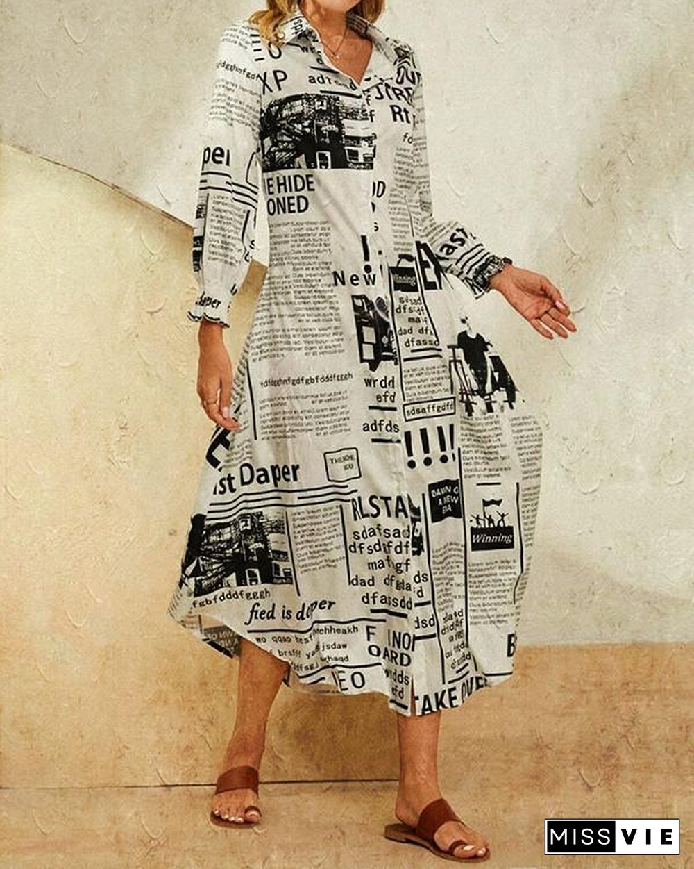 Leaves Print Lapel Button Long Sleeve Maxi Shirt Dress