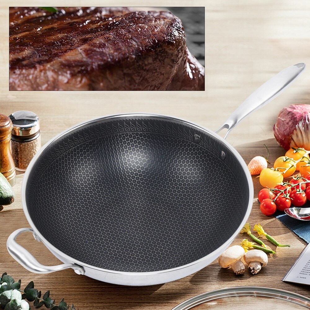 13.4 Inch Stainless Steel Wok Honeycomb Frying Pan With Glass Lid