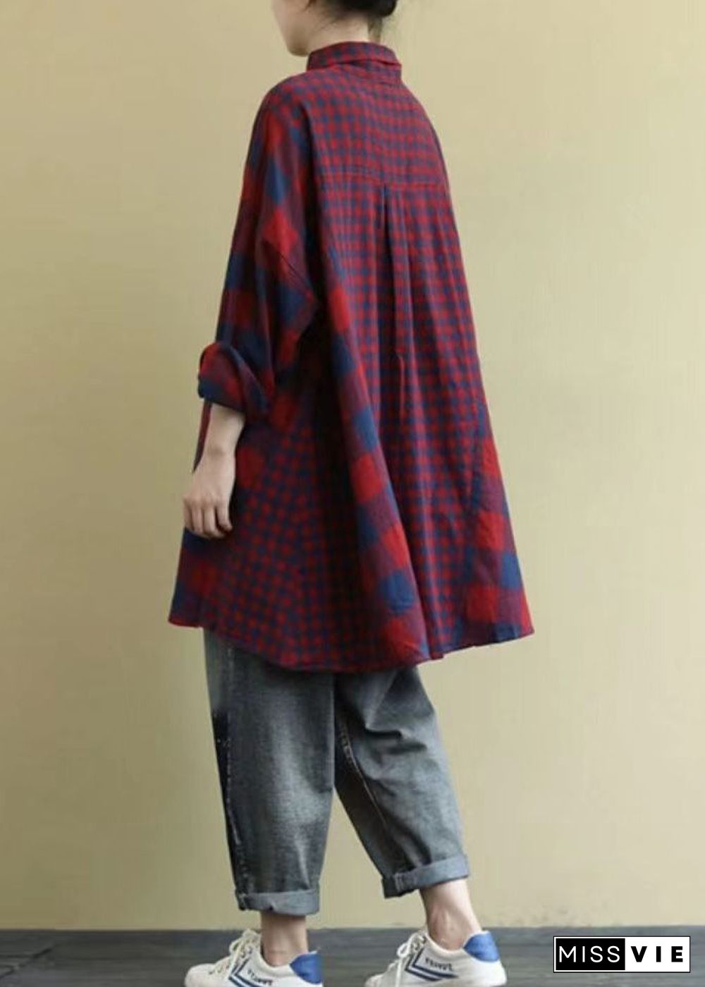 Classy Red Oversized Patchwork Plaid Cotton Shirt Dress Fall