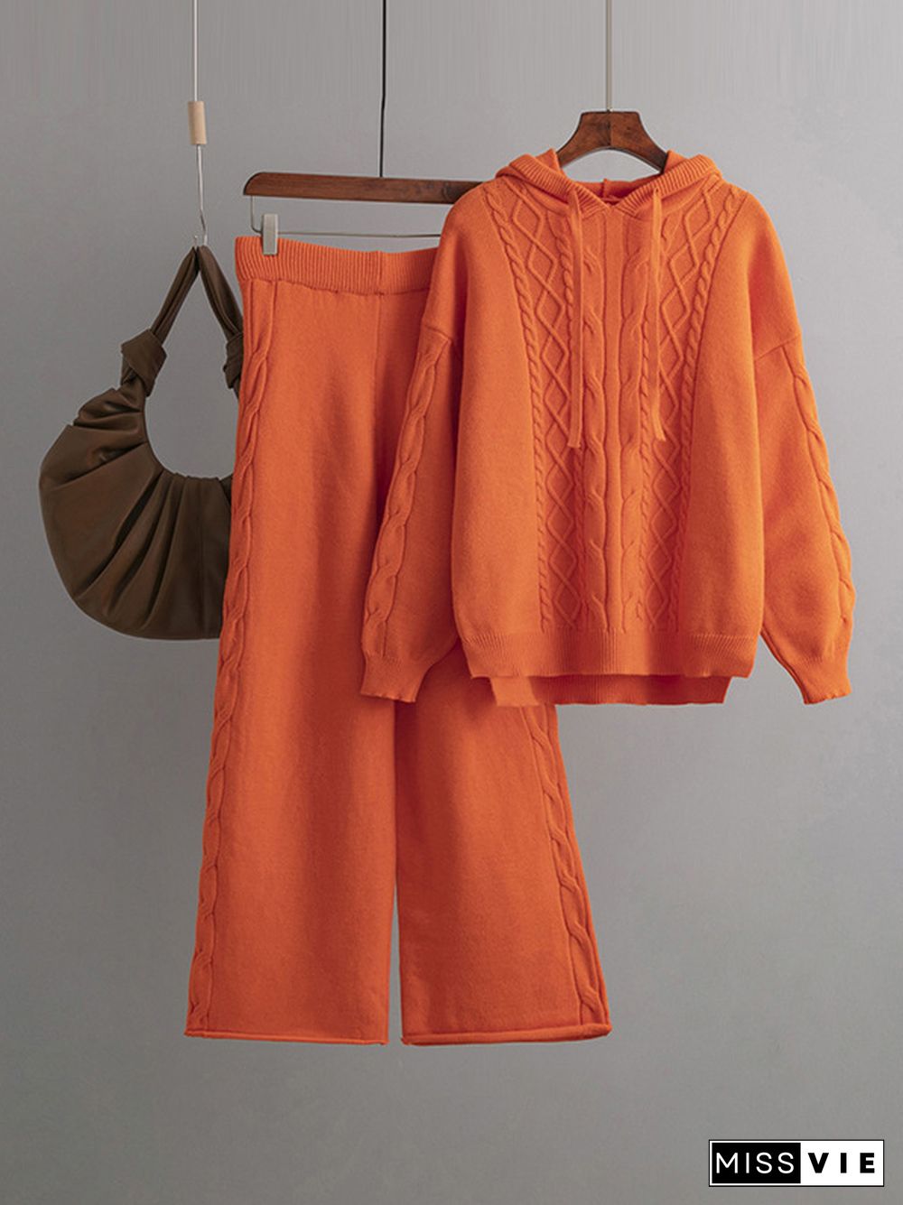 Urban Loose Solid Color Hooded High-Low Sweater Tops & Wide Leg Pants Two Pieces Set