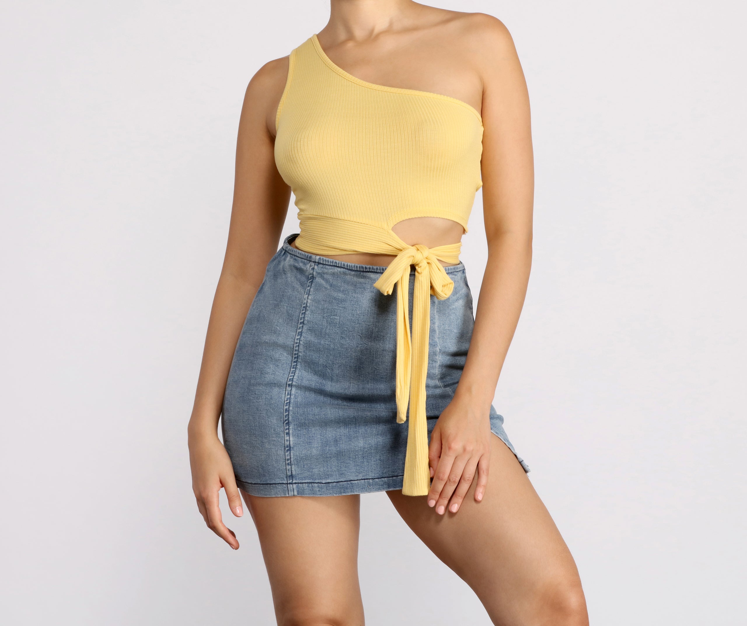 One Shoulder Tie Waist Crop Top