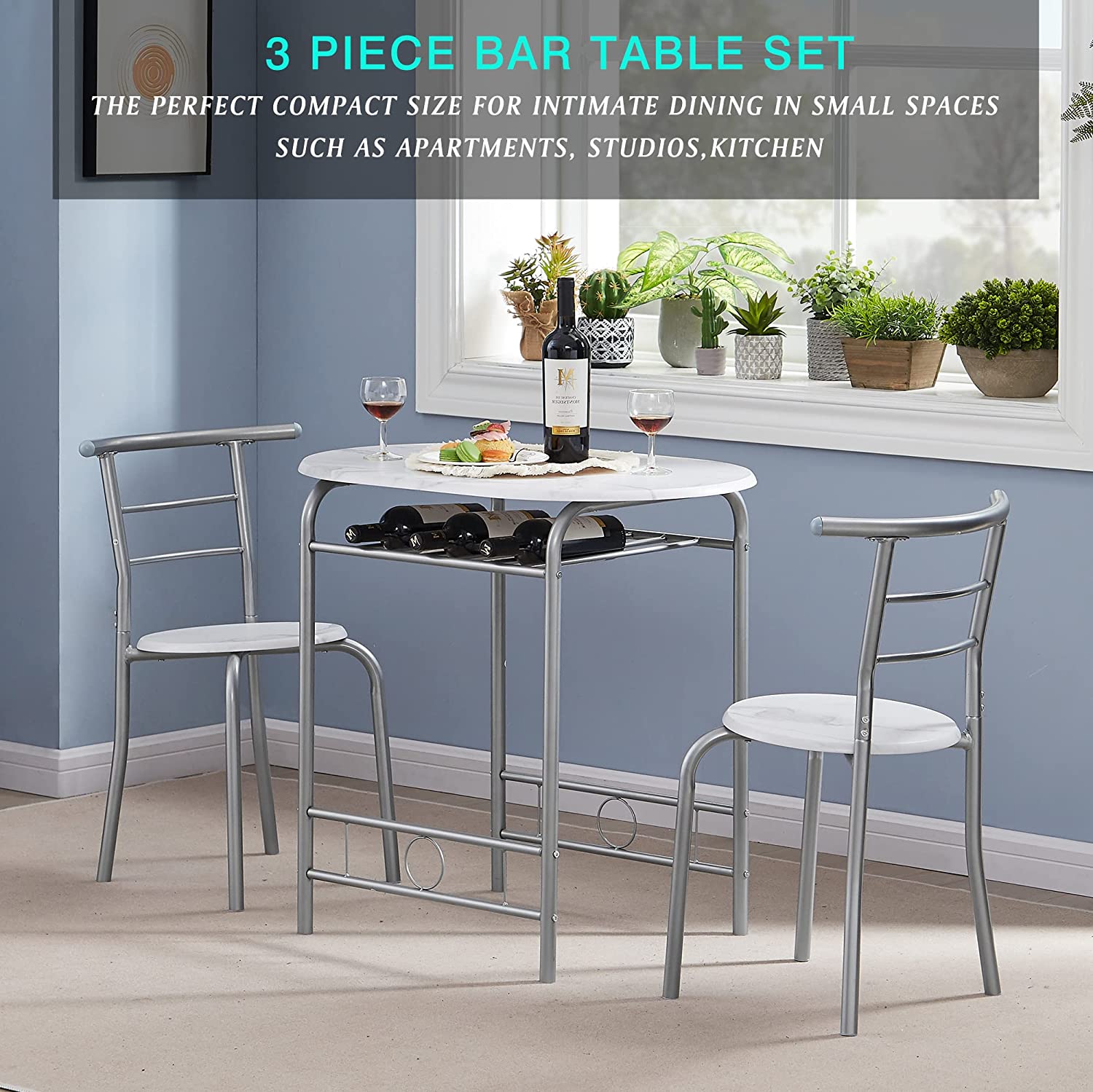 VECELO 3 Piece Small Round Dining Table Set for Kitchen Breakfast Nook， Wood Grain Tabletop with Wine Storage Rack， Save Space， 31.5， White and Silver