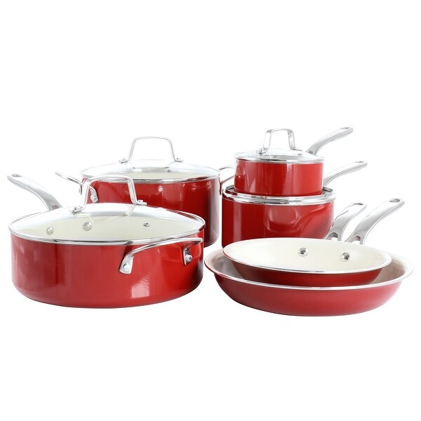 10 Piece Enameled Heavy Gauge Aluminum Ceramic Nonstick Cookware Set in Red