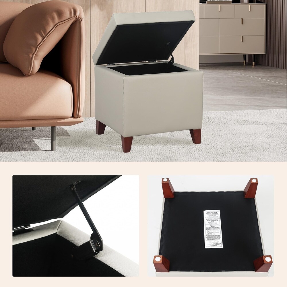 PU Storage Ottoman  Upholstered Square Faux Leather Foot Rest   Flip Top Footstool with Wood Legs  Small Cube Table Extra Seat