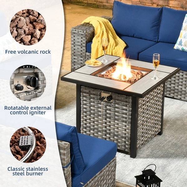 OVIOS Patio Wicker Furniture Wide Arm 7piece Fire Pit Set with Table