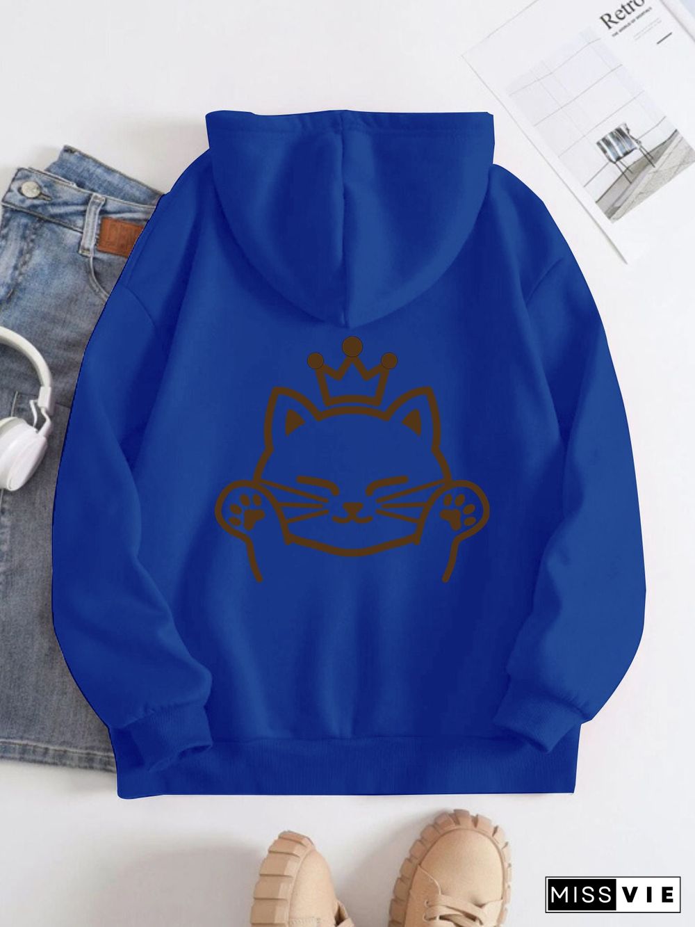 Printed on the Back Kangaroo Pocket Hoodie Long Sleeve for Women Pattern Cat wearing a crown