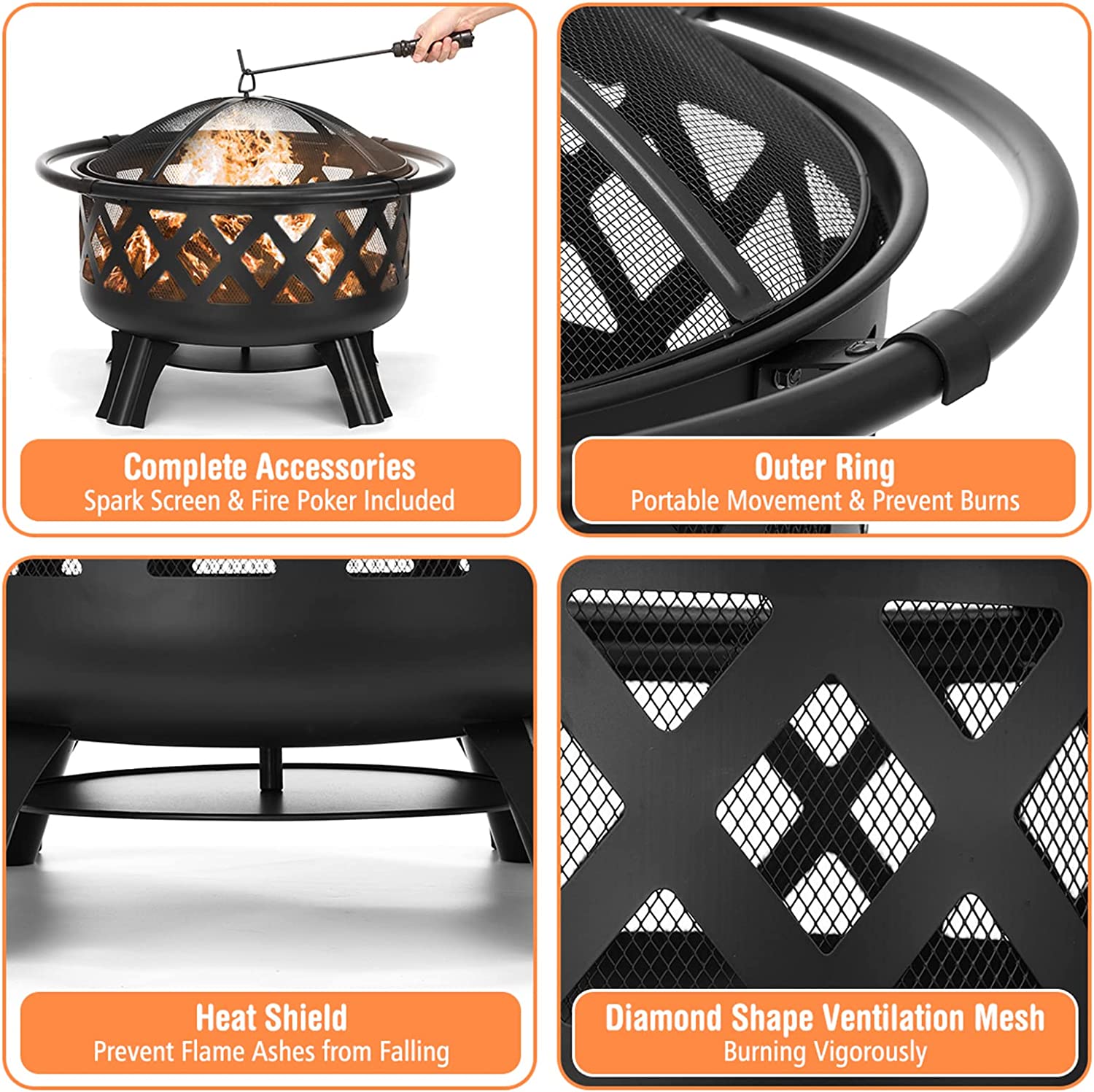 AKSG 2 in 1 Fire Pit with Cooking Grate 30'' Wood Burning Firepit Outdoor Fire Pits Steel Firepit Bowl Outside with Swivel BBQ Grill， Spark Screen， Poker for Backyard Garden Bonfire Patio