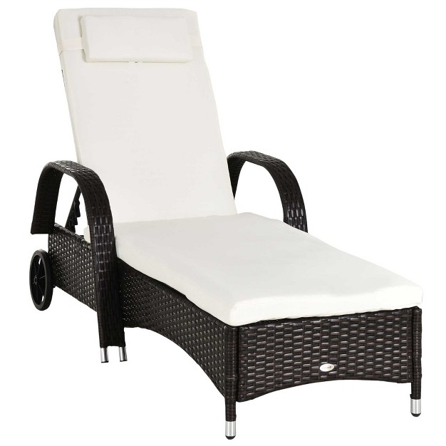 Outsunny Patio Wicker Chaise Lounge Pe Rattan Outdoor Lounge Chair With Cushion Height Adjustable Backrest amp Wheels