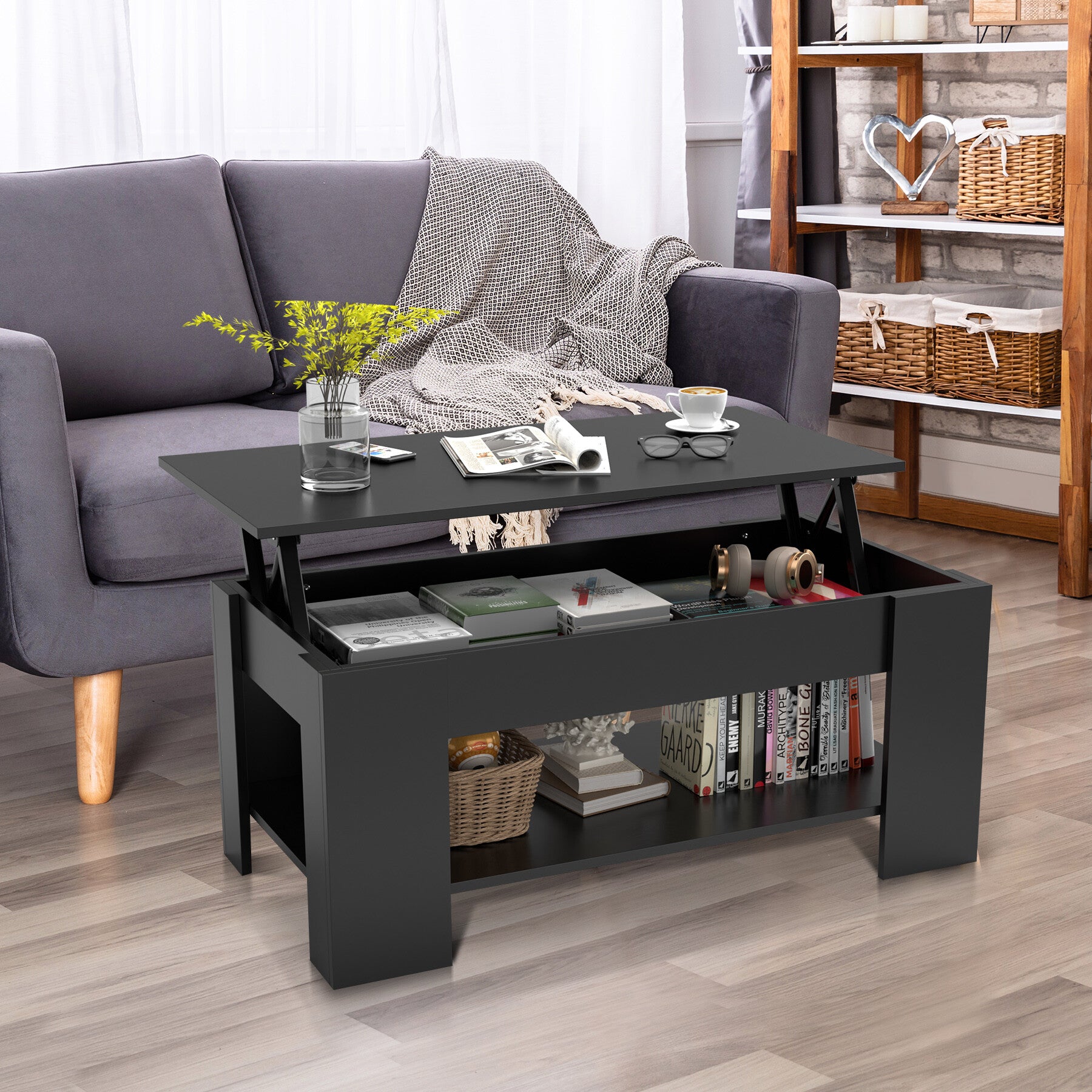 HomGarden Lift Top Coffee Table Cocktail Table W/Hidden Compartment, Black