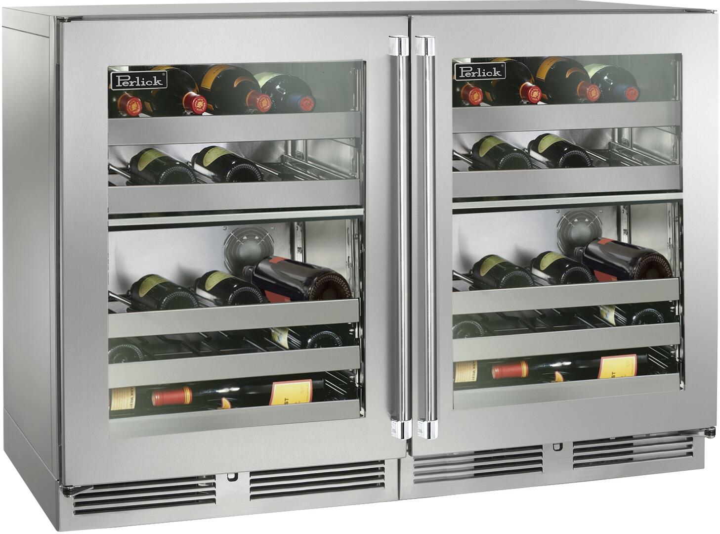 Perlick 48 Inch Signature Series Stainless Steel Outdoor Wine Cooler Pair with HP24DO43L Left Hinge Glass Door Wine Cooler and HP24DO43R Right Hinge Solid Glass Wine Cooler