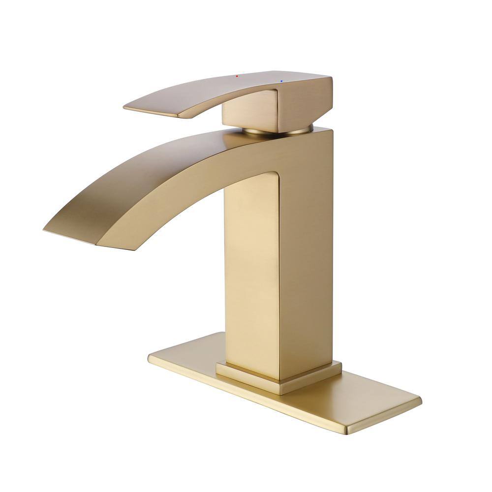 FLG Single-Handle Single-Hole Waterfall Bathroom Sink Faucet Brass Vanity Taps with Deckplate Included in Brushed Gold KK-0057-BG