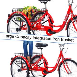 Runesay 24 in. Wheels 7 Speed Cruiser Bicycles Adult Tricycle Trikes3-Wheel Bikes with Large Shopping Basket in Red BIKECYN703