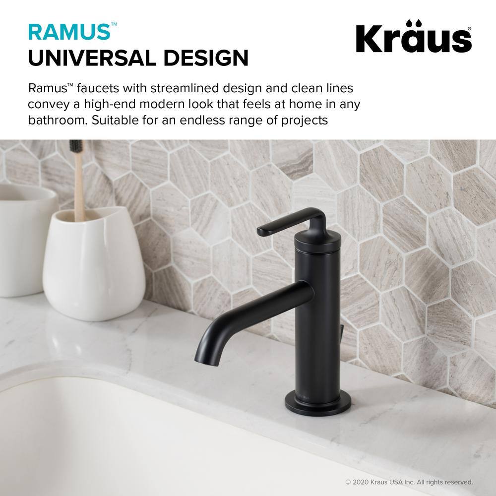 KRAUS Ramus Single Hole Single-Handle Bathroom Faucet with Matching Lift Rod Drain in Matte Black KBF-1221MB