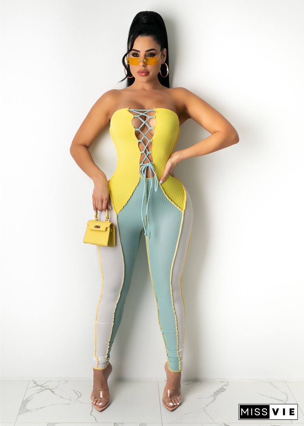 Wrapped Chest Sexy Strappy Contrast Color Cutout Jumpsuit