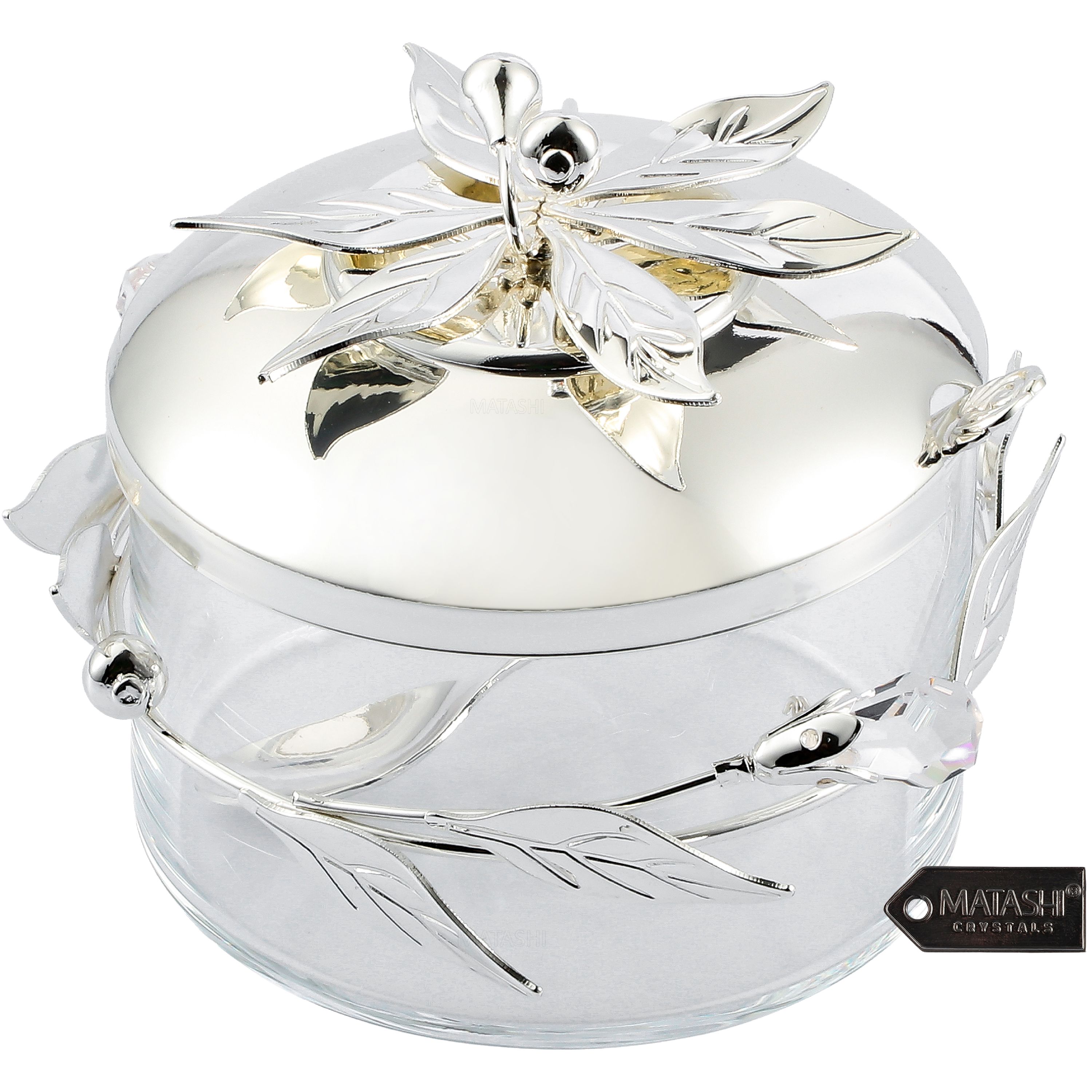 Matashi Home Decorative Dining Tabletop Showpiece Silver Plated Sugar Bowl， Honey Dish， Candy Dish Glass BowlFlower and Vine Design with Spoon