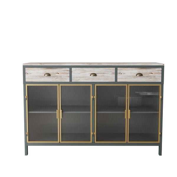 4 Glass Doors Modern Sideboard with 3 Top Drawers， Freestanding Sideboard