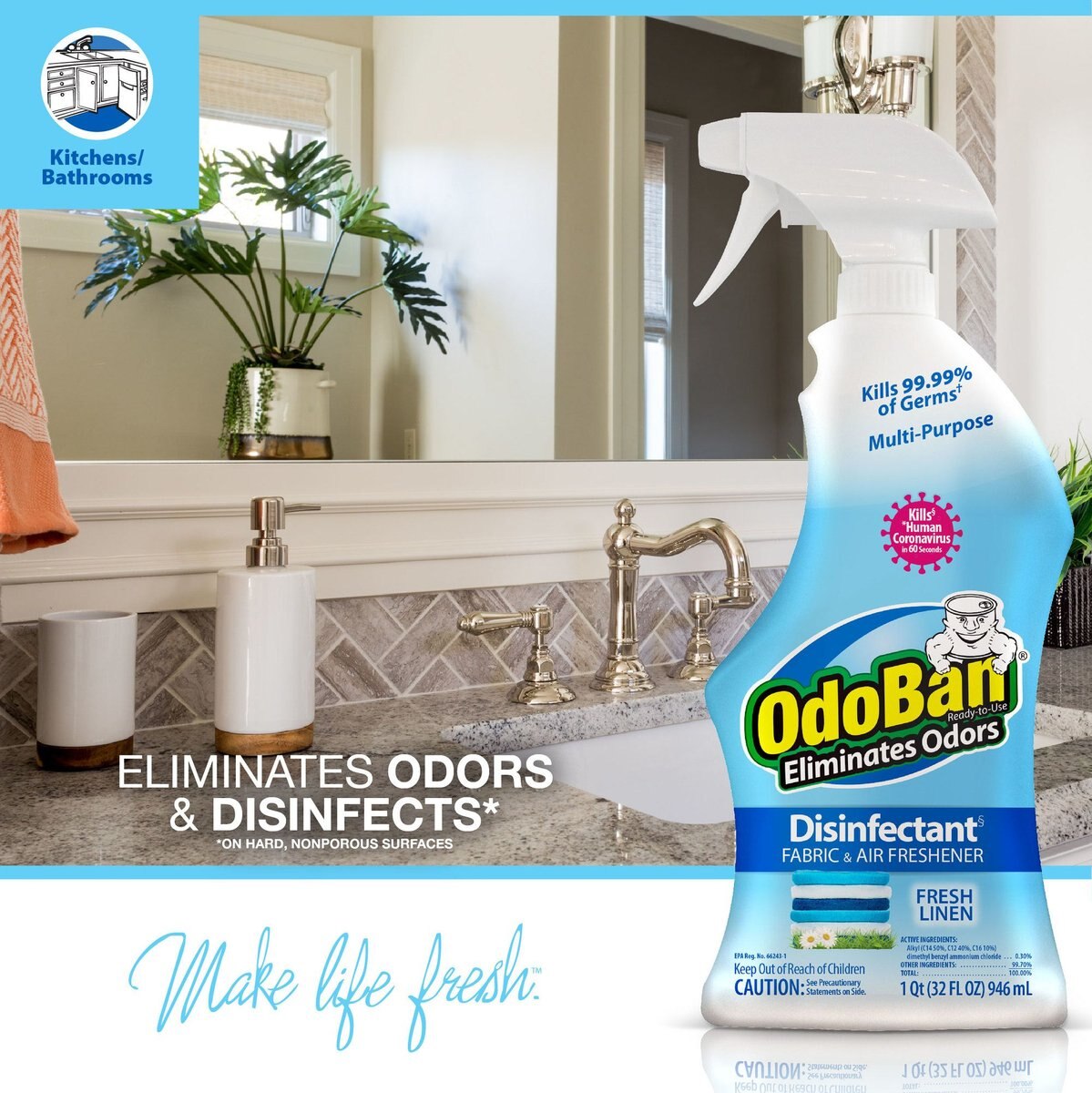 OdoBan Ready-to-Use Fresh Linen Disinfectant Spray， 32-oz bottle