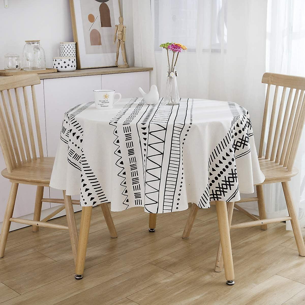 Cotton Linen Table Cloths Heavy Fabric Boho Table Cover Table Top Tablecloth For Farmhouse Coffee Kitchen Picnics White Black Round 60 Inch(4-6 Seats)