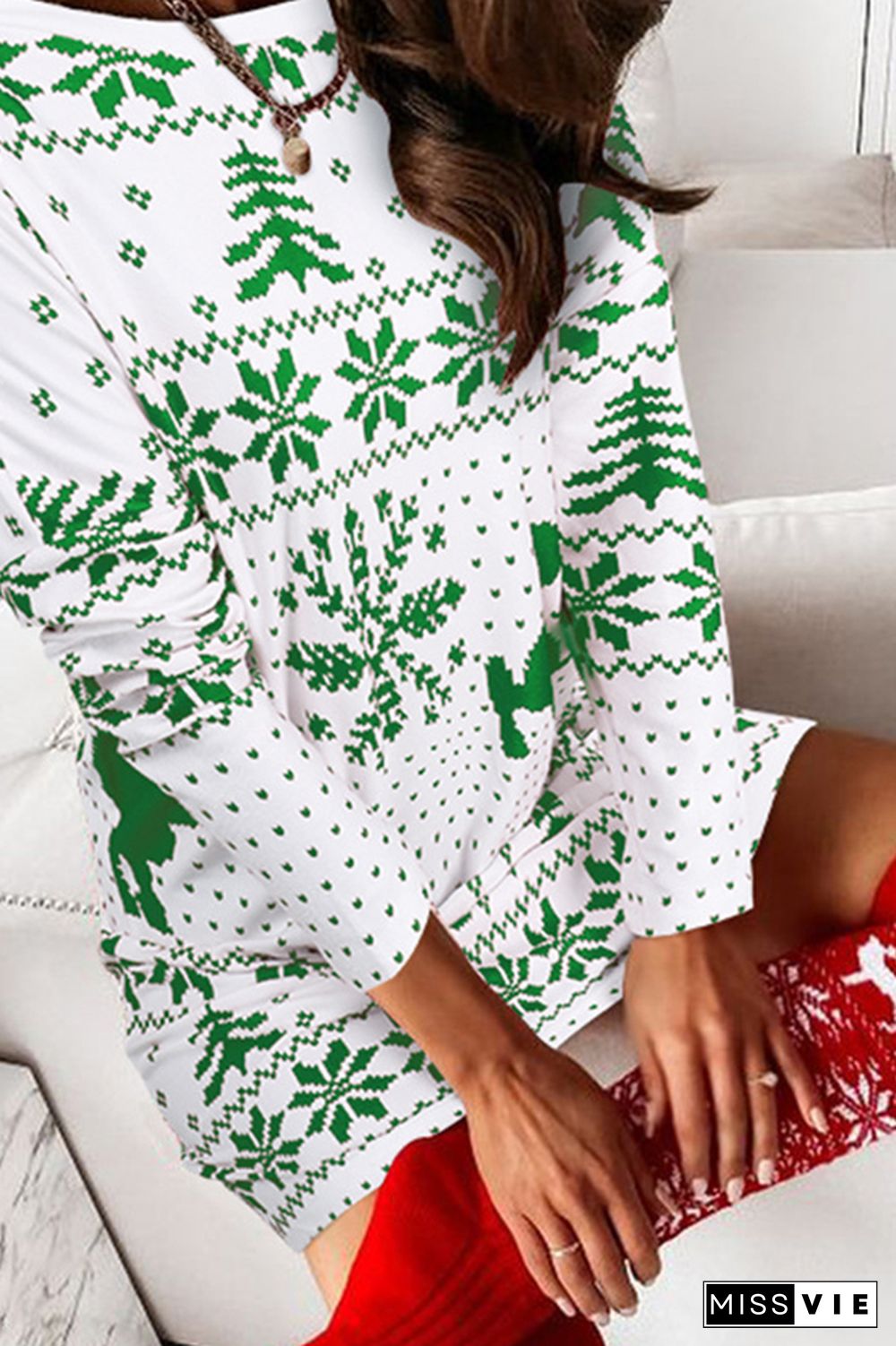 Christmas Print Long Sleeve Dress Women Wholesale