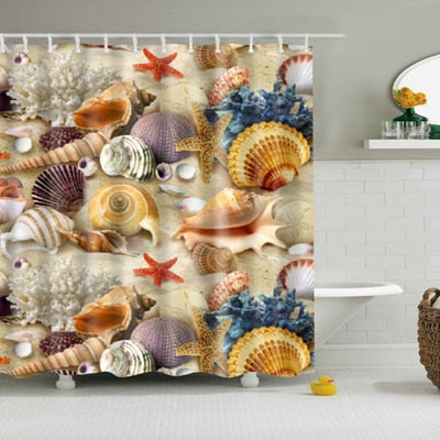 New Colorful Eco-friendly Beach Conch Starfish Shell Polyester  High Quality Washable Bath Decor Shower Curtains