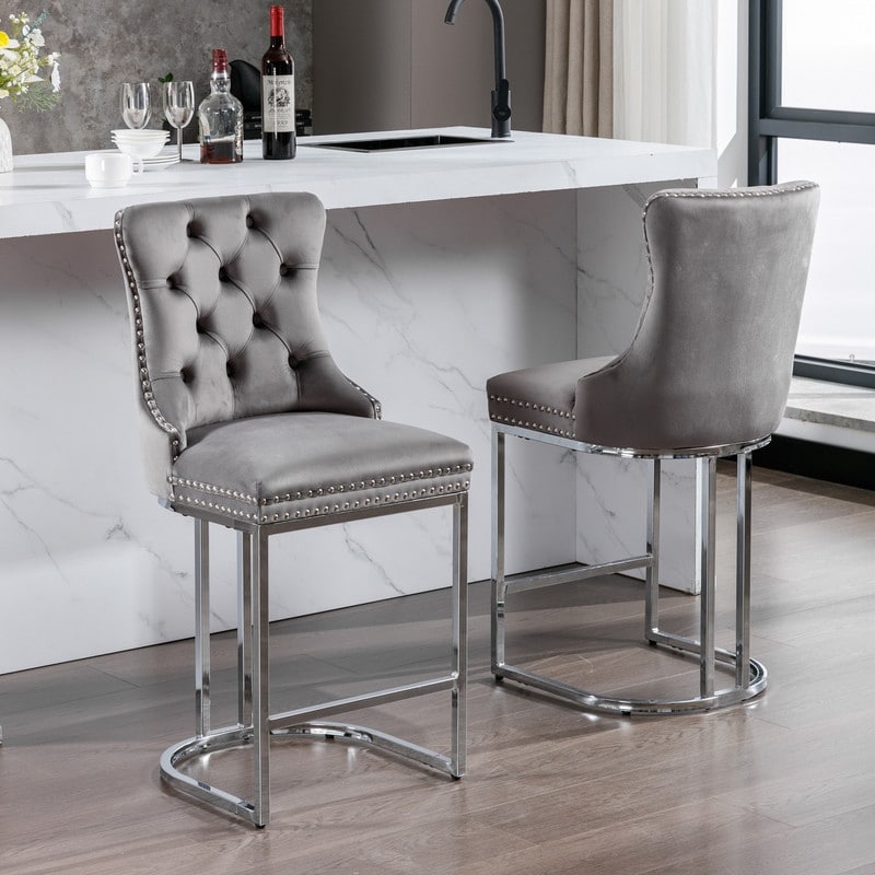 Modern Upholstered Bar Stools with Tufted Backs and Footrest（Set of 2）Grey   Set of 2