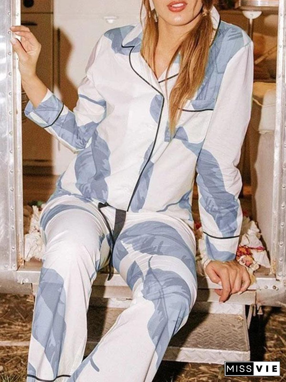 Banana Leaves Long Pant Pajama Set - Blue