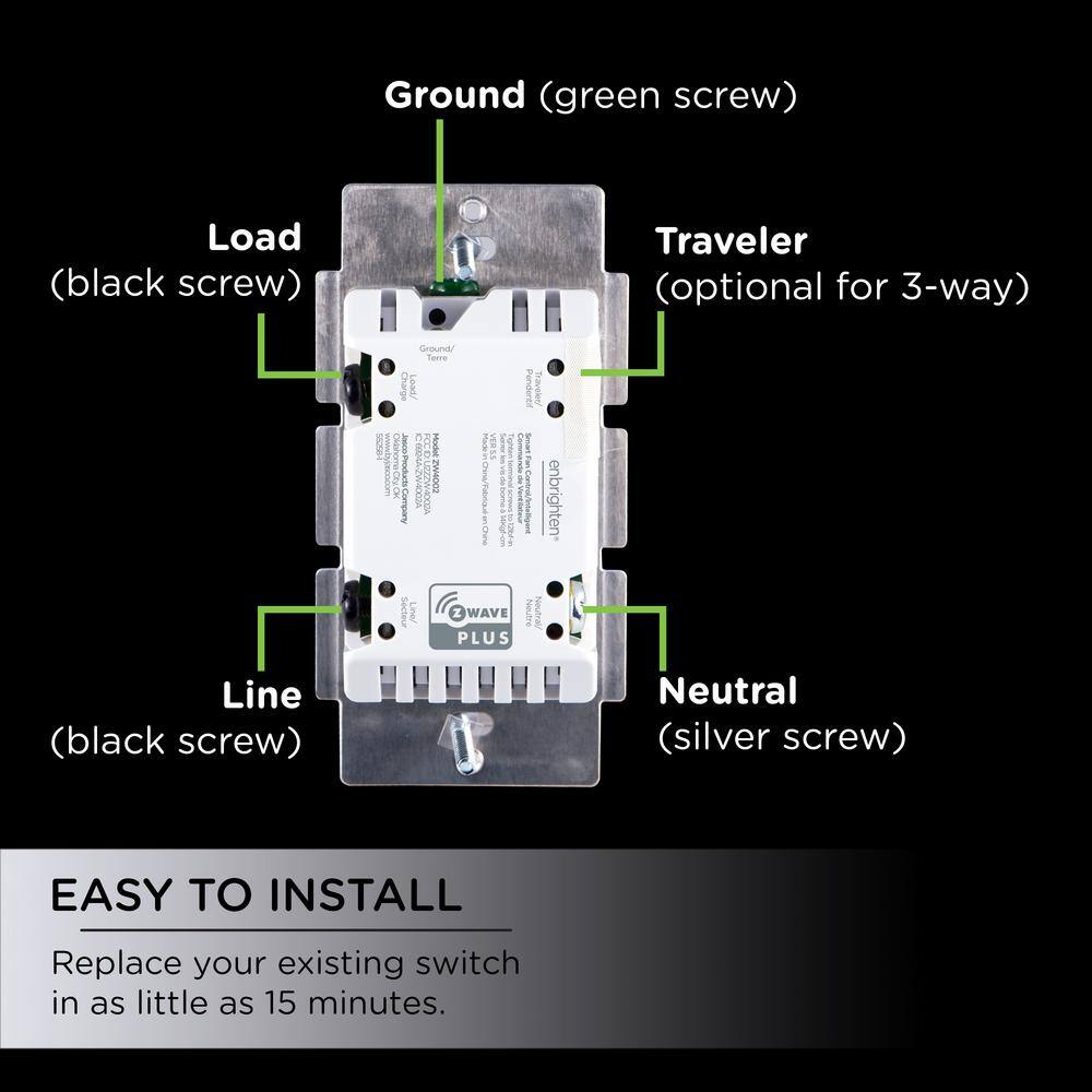 Enbrighten Z-Wave 2.5 Amp Smart Paddle Light Switch In-Wall Fan Control in White and Light Almond 55258