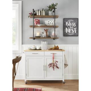 StyleWell Glenville Cream White Rolling Kitchen Cart with Butcher Block Top and Double-Drawer Storage (42