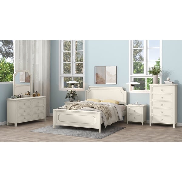 6 Pieces Luxury Retro Bedroom Sets， Milky White Wood Queen Size Platform Bed， 2 Nightstands， Chest， Mirror and Dresser - - 38053326