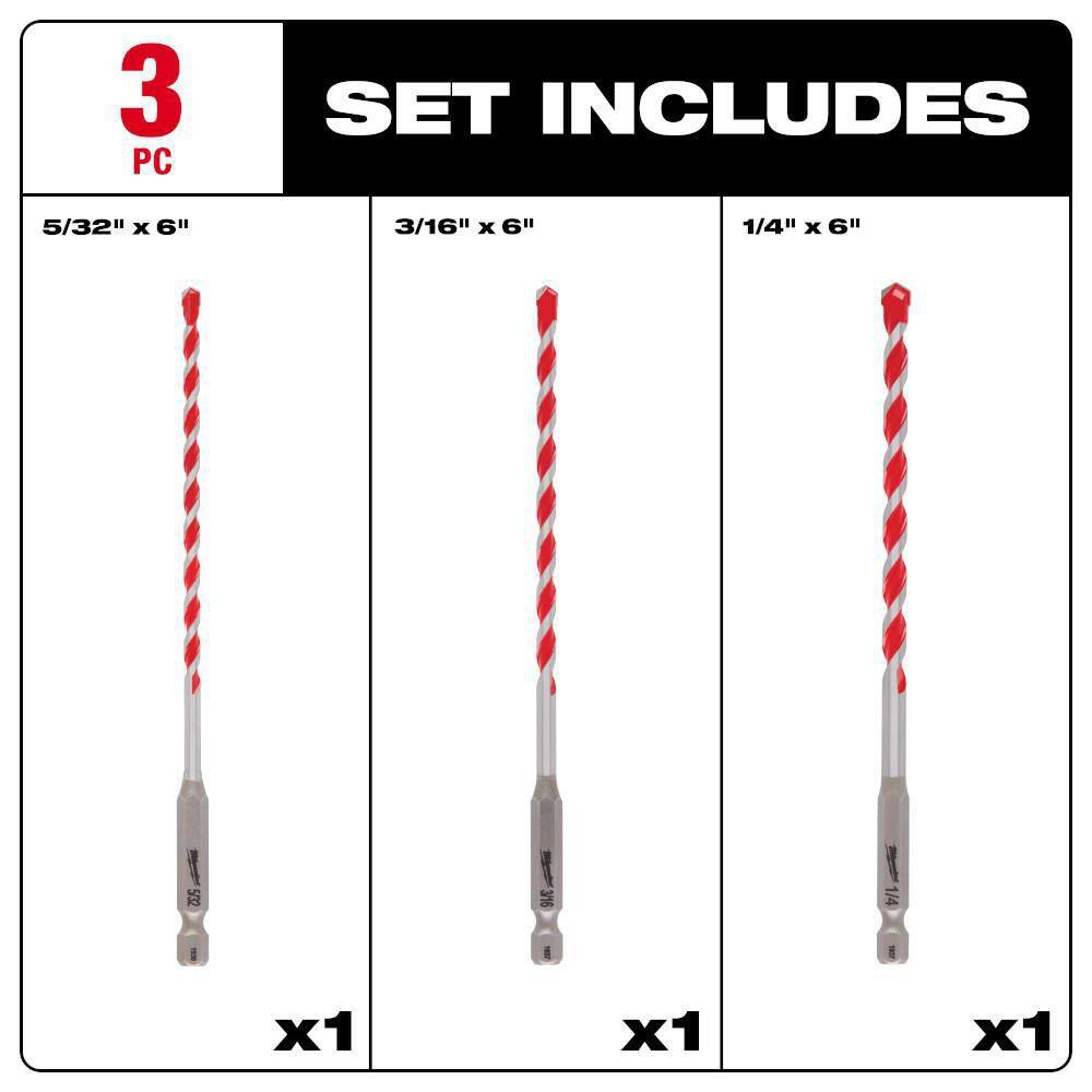 MW SHOCKWAVE Carbide Hammer Drill Bit Kit (3-Piece) for Concrete Stone Masonry Drilling 48-20-9050