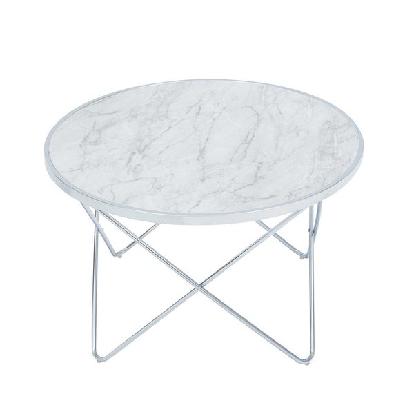 Margo Small Round Faux White Carrara Marble Coffee Table， White