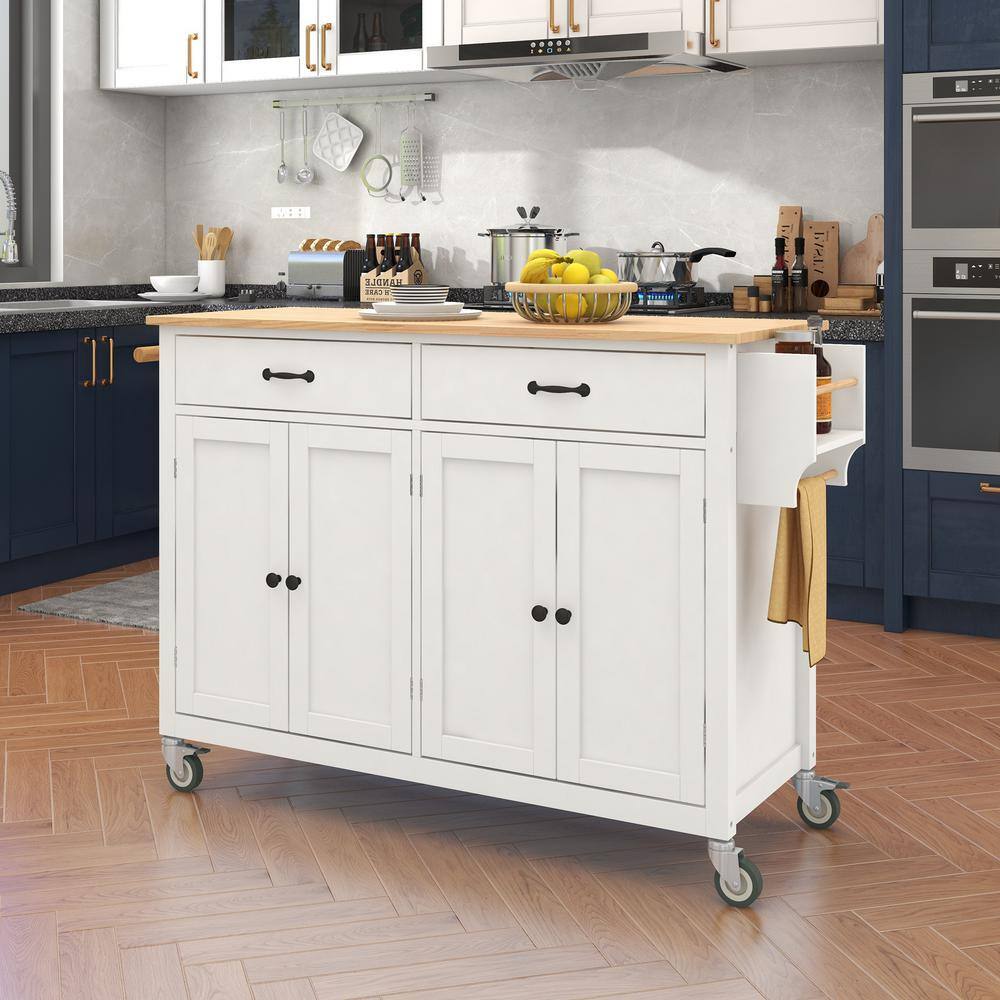 54.3 in. White Kitchen Island Cart with Solid Wood Top and Locking Wheels for Kitchen Dining Room Bathroom LH-347