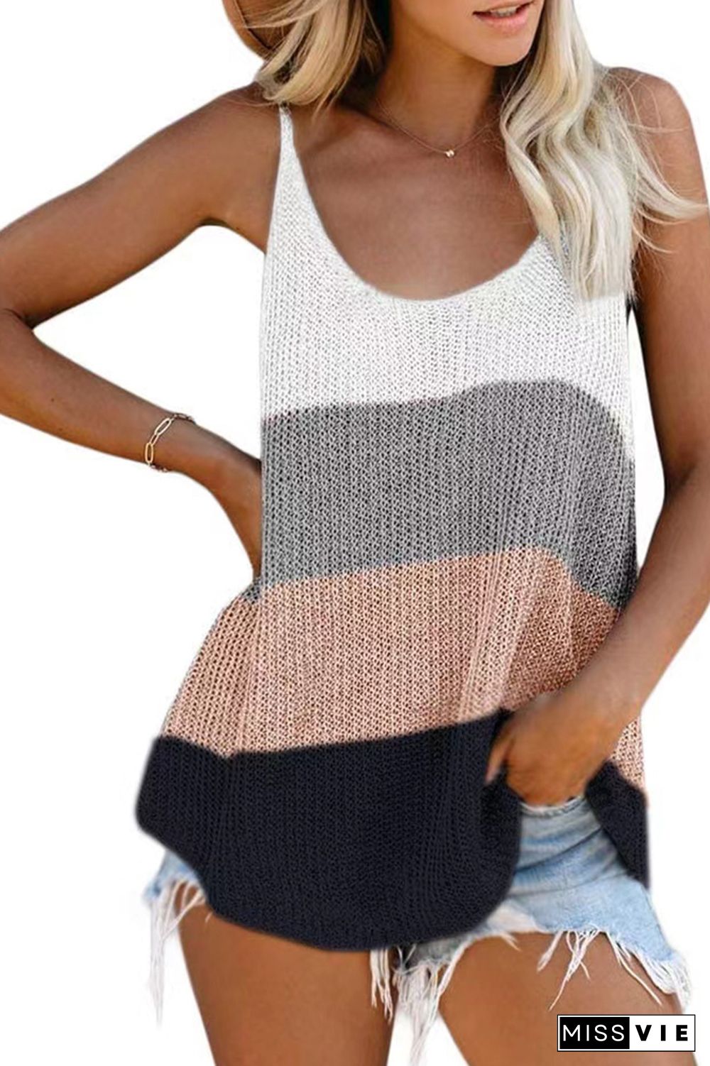 Color Block and Plain U Neck Knit Tank Top