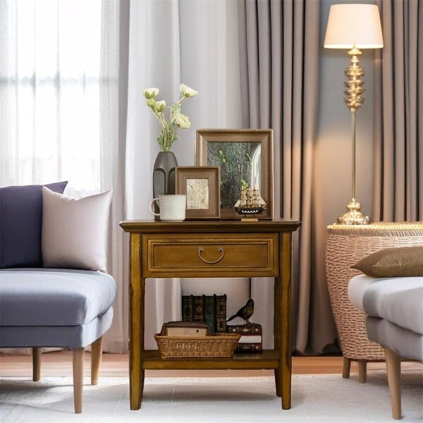 Side Table with Storage，Vintage End Table with Drawer and Open Shelf