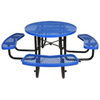 Afoxsos Blue Round Outdoor Steel Picnic Table Dining Table 46 in. with Umbrella Pole DJMX999