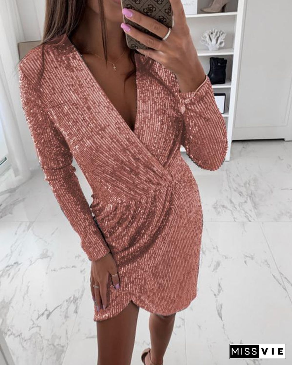 Sexy Sequins V Neck Long Sleeve Slit Dress