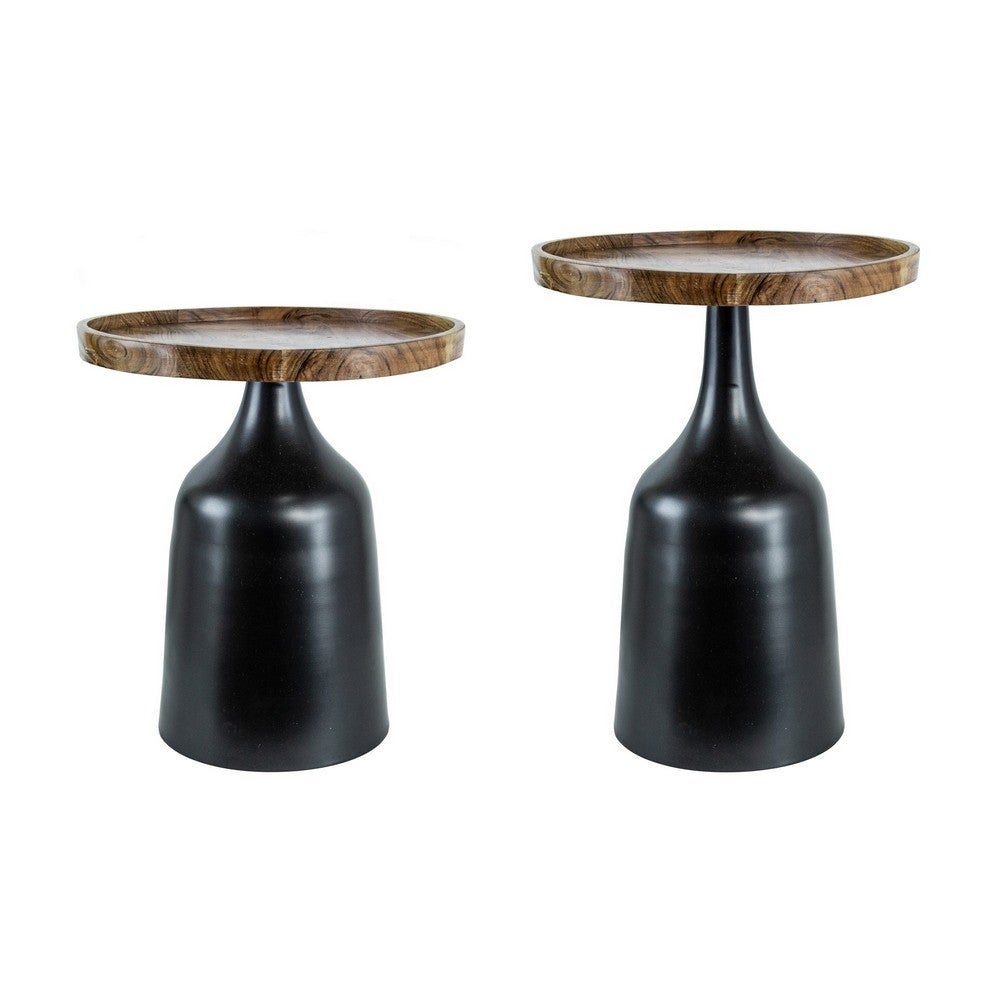 20， 17 Inch Side Table， Acacia Wood， Flared Pedestal Base， Aluminum， Black - 36.5 H x 30 W x 21 L