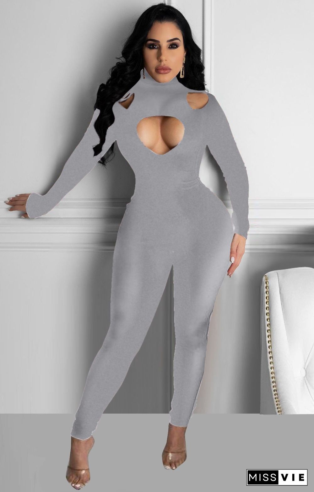 Solid Hollow Out Turtleneck One Piece Club Jumpsuit