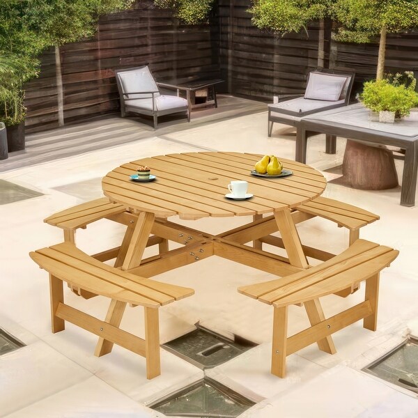 Outdoor 8Person Round Picnic Table with 4 Benches，Umbrella Hole