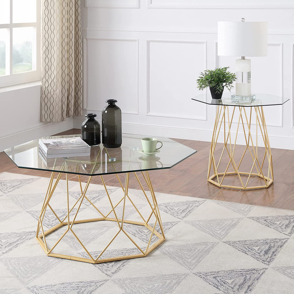 Contemporary Coffee Table  Golden Geometric Base With Tempered Glass Top   Midcentury   Coffee Tables   by Declusia  Houzz