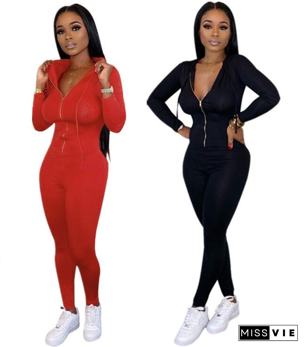 Leisure Women Front Zipper Hooded Tight Jumpsuit