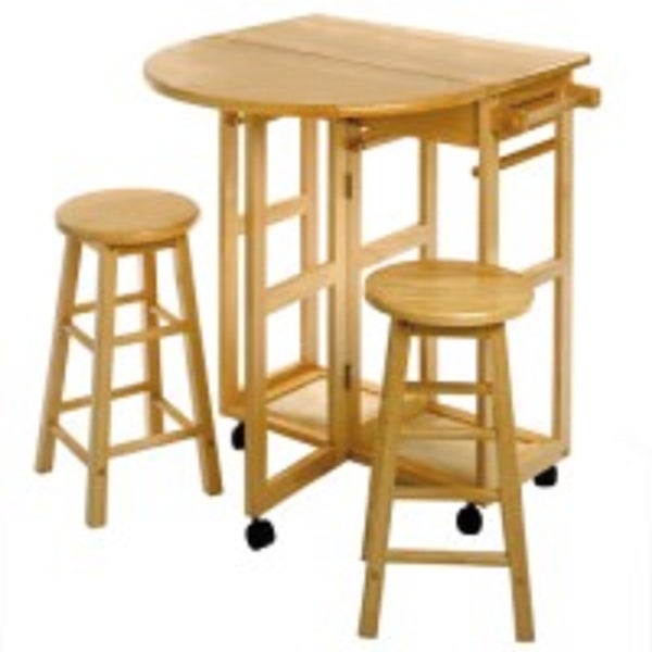 3 Beige Space Saver Drop Leaf Table with Two Round Stools 32.75