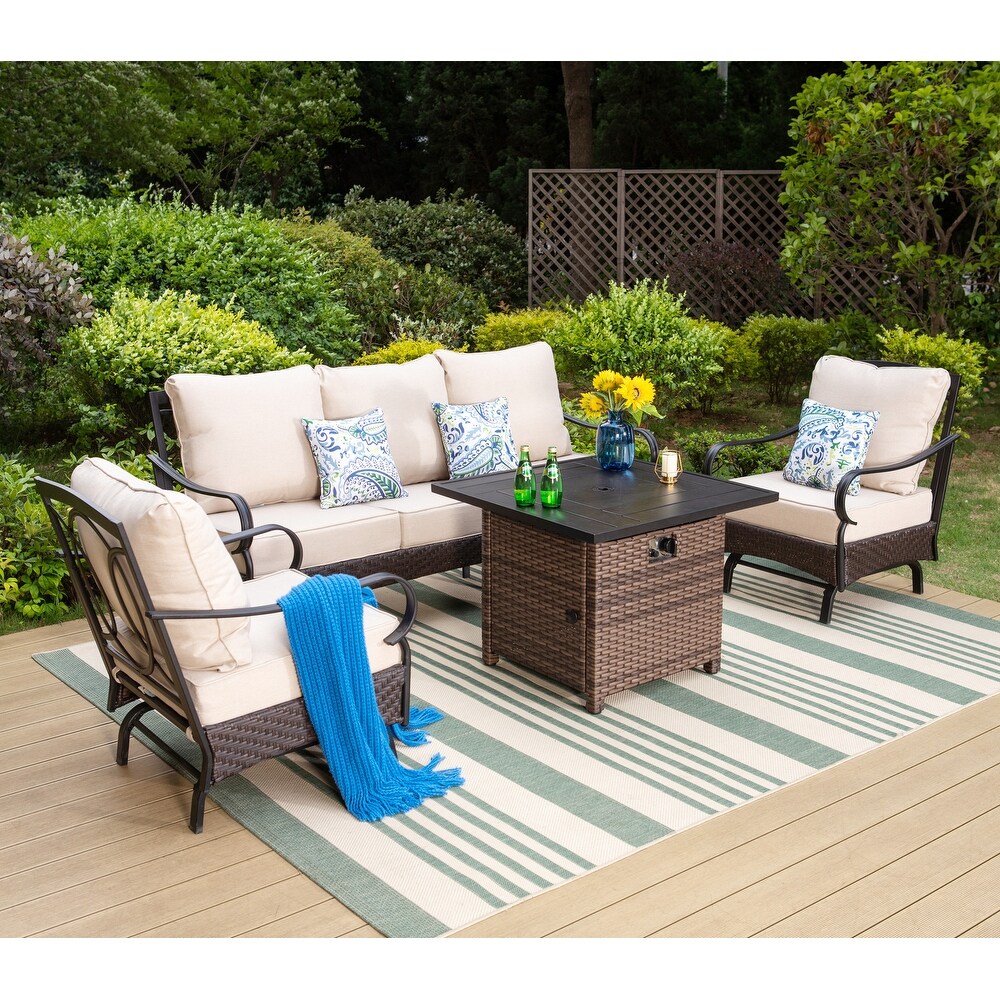 Wicker Patio Conversation Set with Gas Fire Pit Table